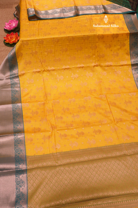 Yellow Colour Fancy Semi Silk Saree With Contrast Sapphire Green Border