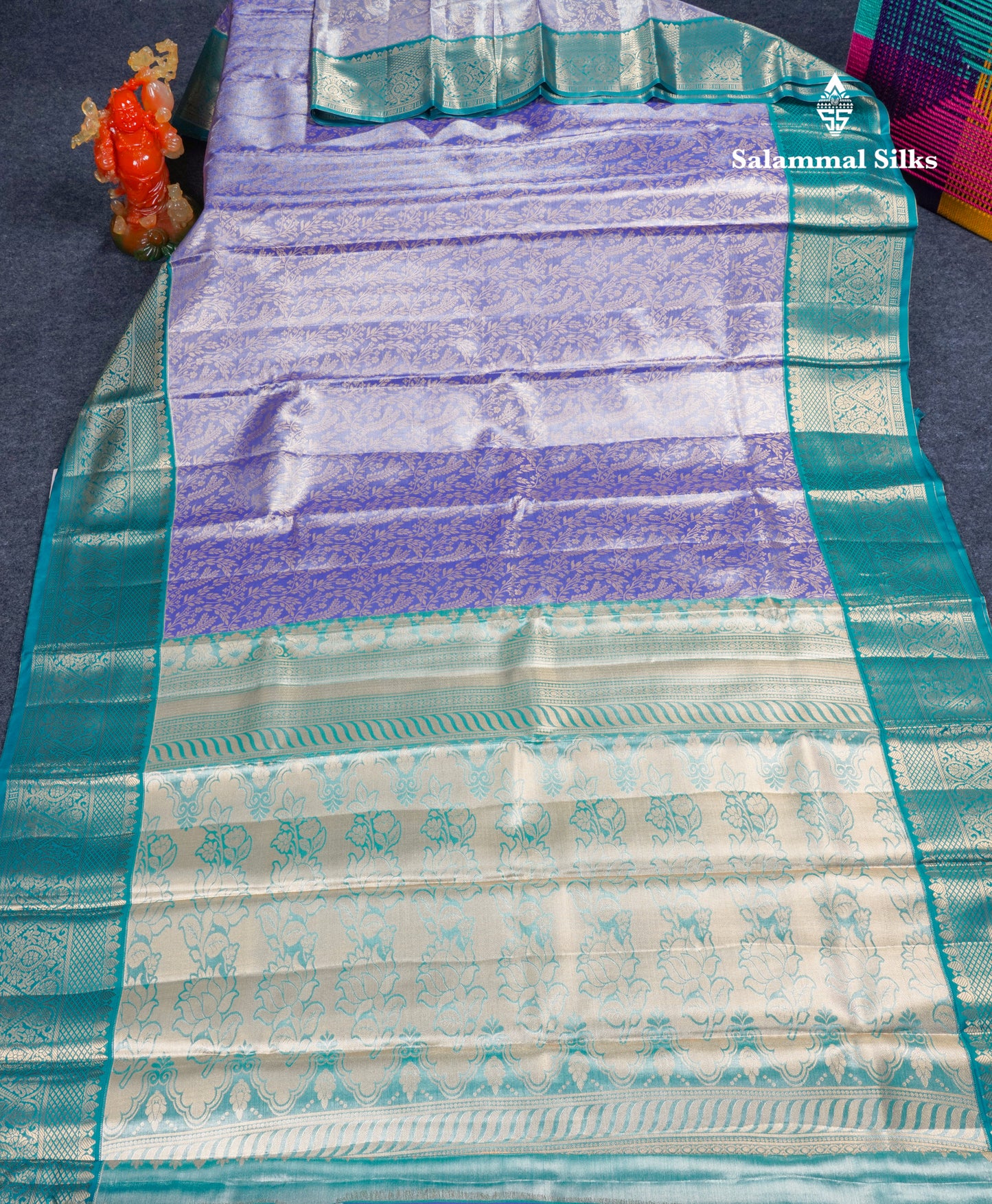 Violet Bridal Tissue Semi Silk Saree With Contrast Peacock Green Long Border
