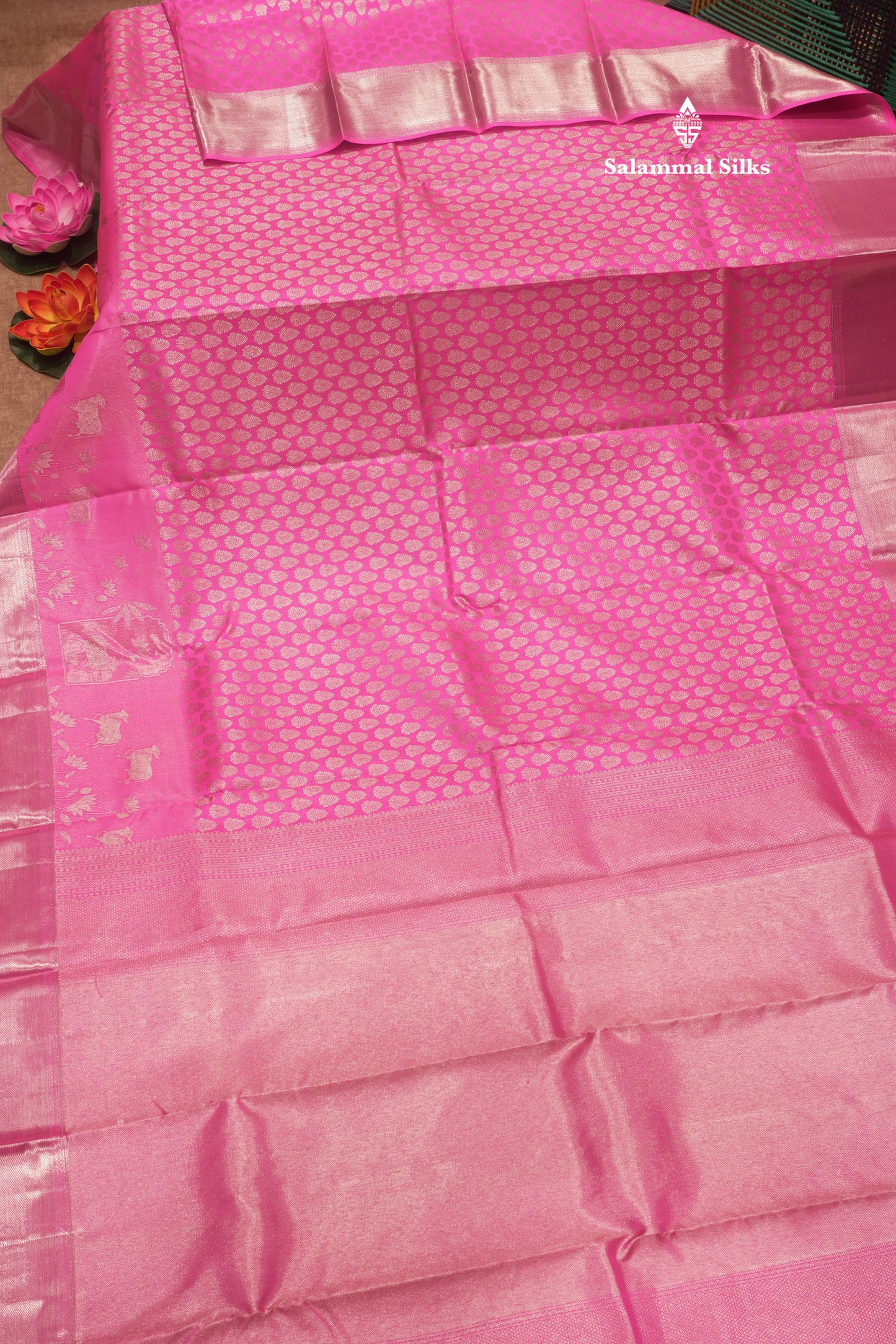 Pink Colour Pure Kanjivaram Silk Saree With Silver Zari Border