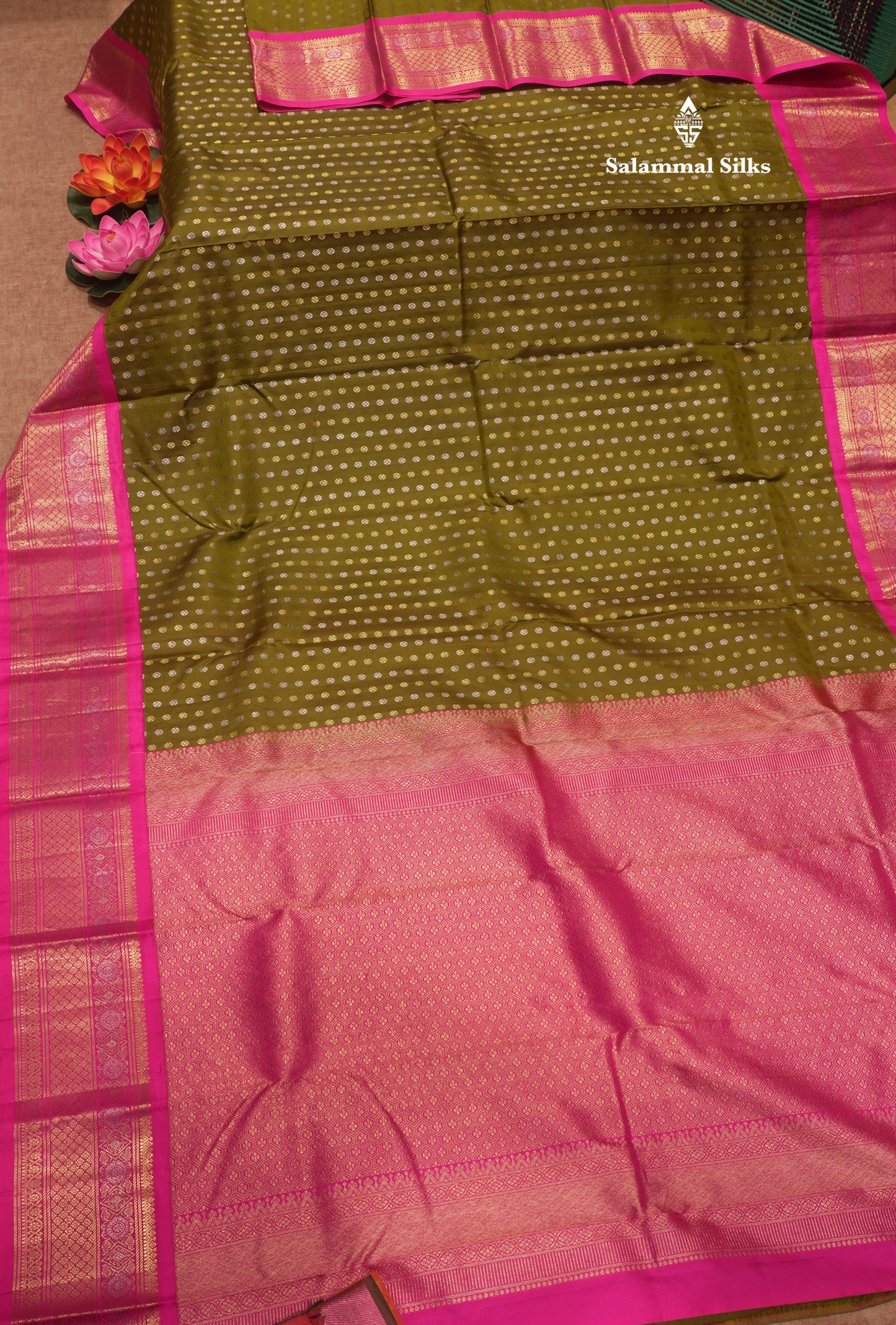 Olive Green Colour Button Butta Pure Kanjivaram Silk Saree With Contrast Pink Border