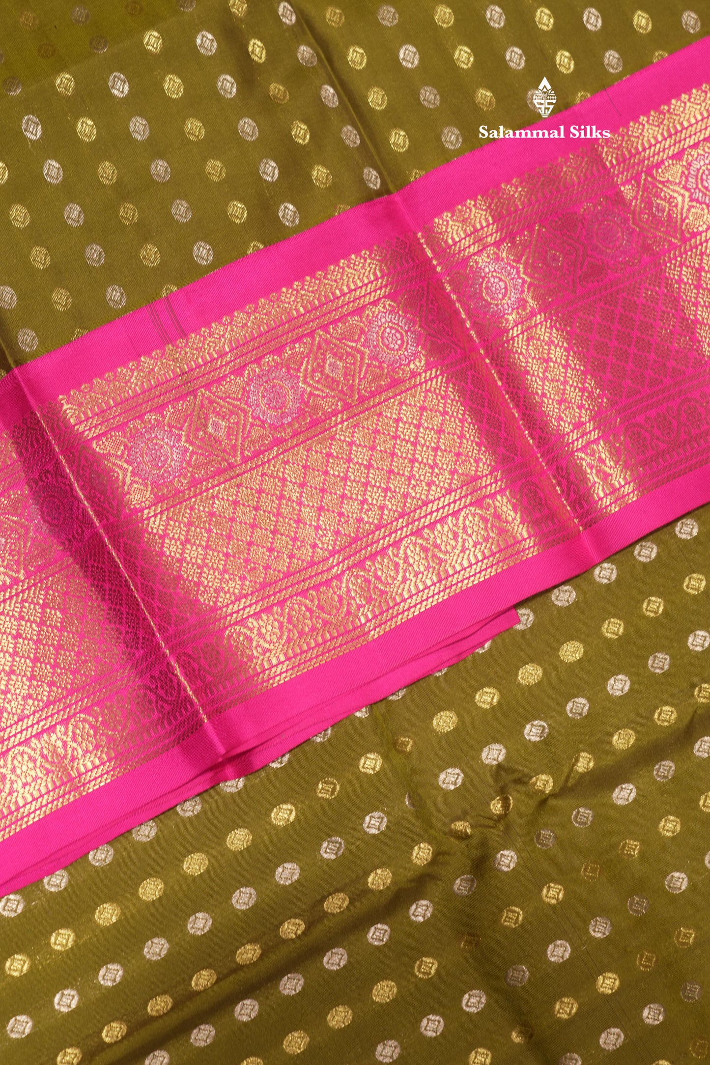 Olive Green Colour Button Butta Pure Kanjivaram Silk Saree With Contrast Pink Border