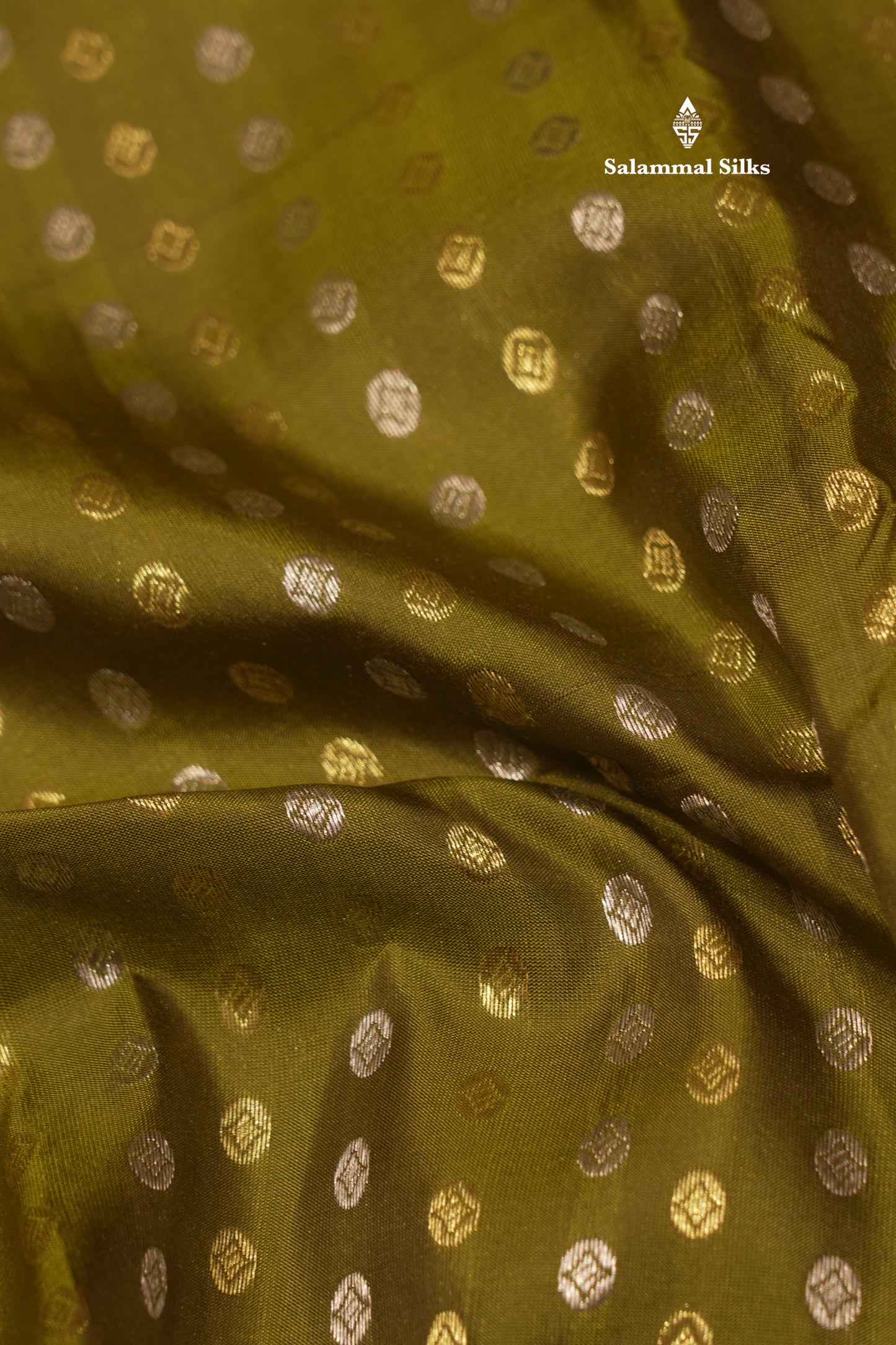 Olive Green Colour Button Butta Pure Kanjivaram Silk Saree With Contrast Pink Border