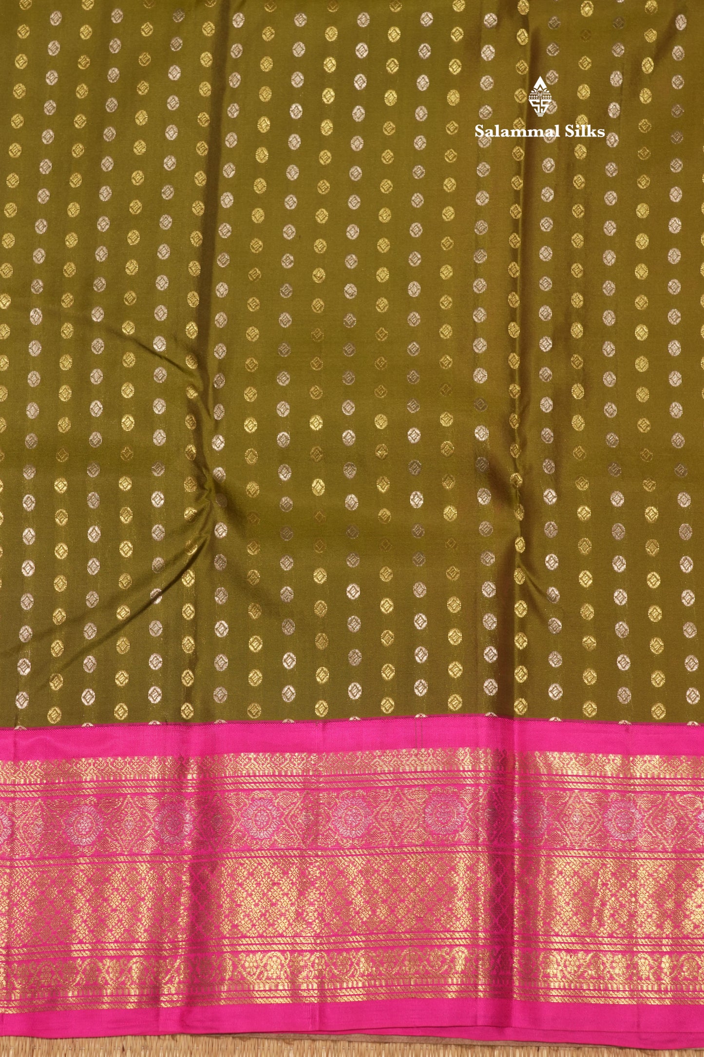Olive Green Colour Button Butta Pure Kanjivaram Silk Saree With Contrast Pink Border