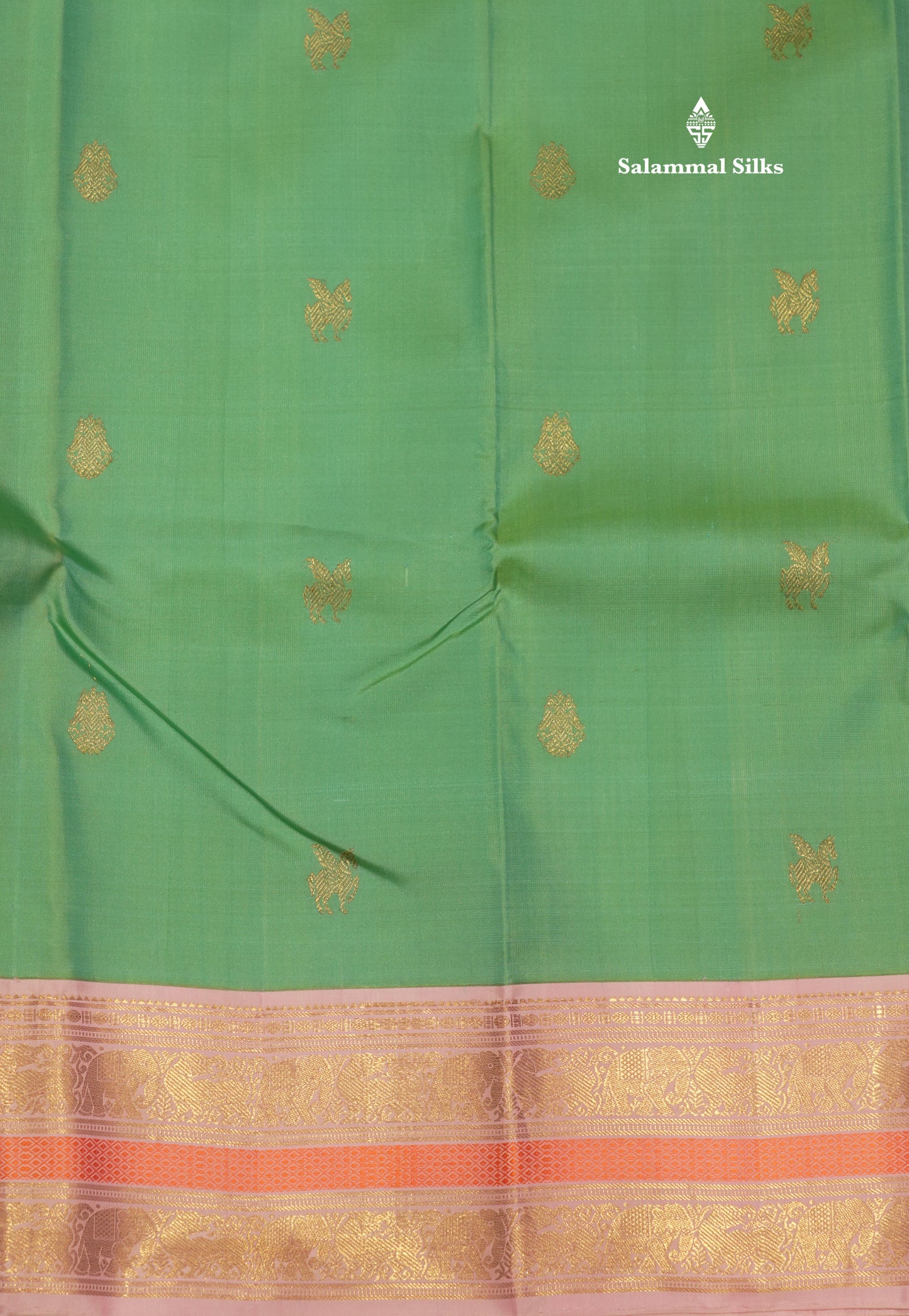 Korvai Rexona Green Colour Pure Kanjivaram Silk Saree With Contrast Baby Pink Border