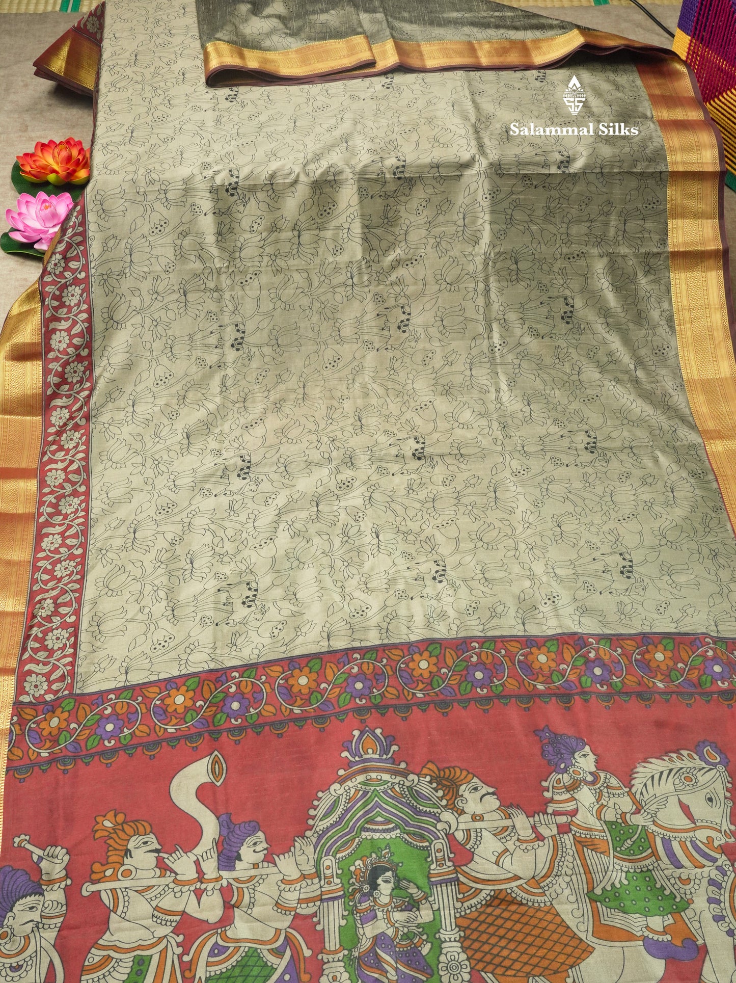 Grey Pichwai Print In Semi Raw Silk Saree With Contrast Maroon Traditional Border