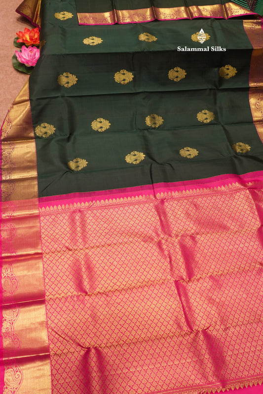 Bottle Green Colour Pure Kanjivaram Silk Saree With Contrast Magenta Border