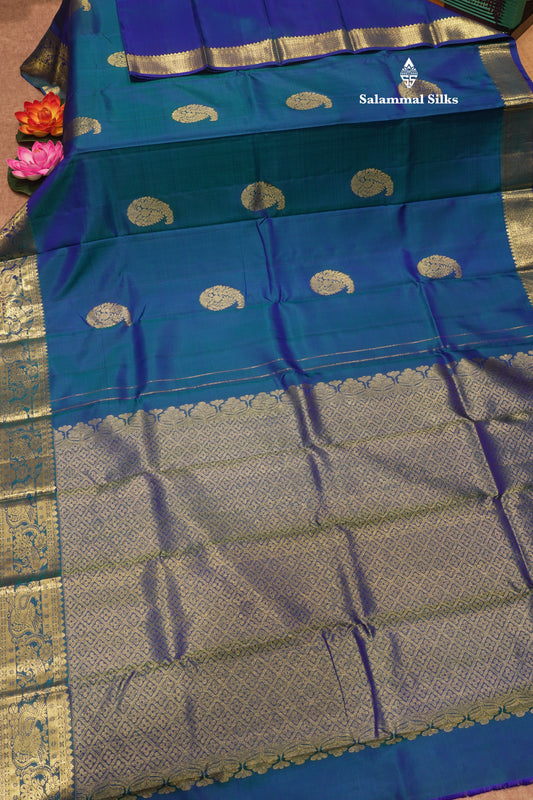 Peacock Blue Colour Pure Kanjivaram Silk Saree With Gold Zari Border