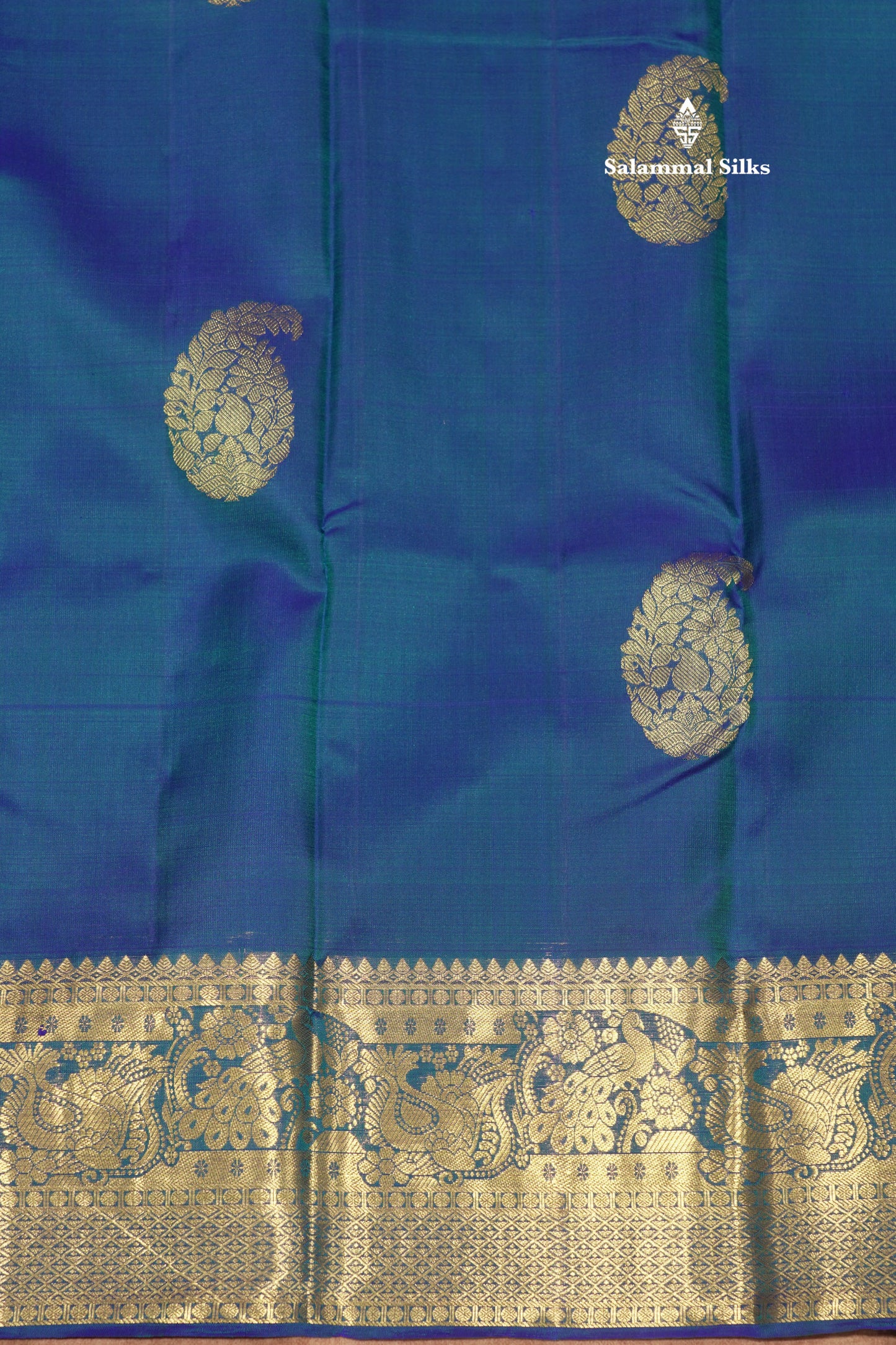 Peacock Blue Colour Pure Kanjivaram Silk Saree With Gold Zari Border