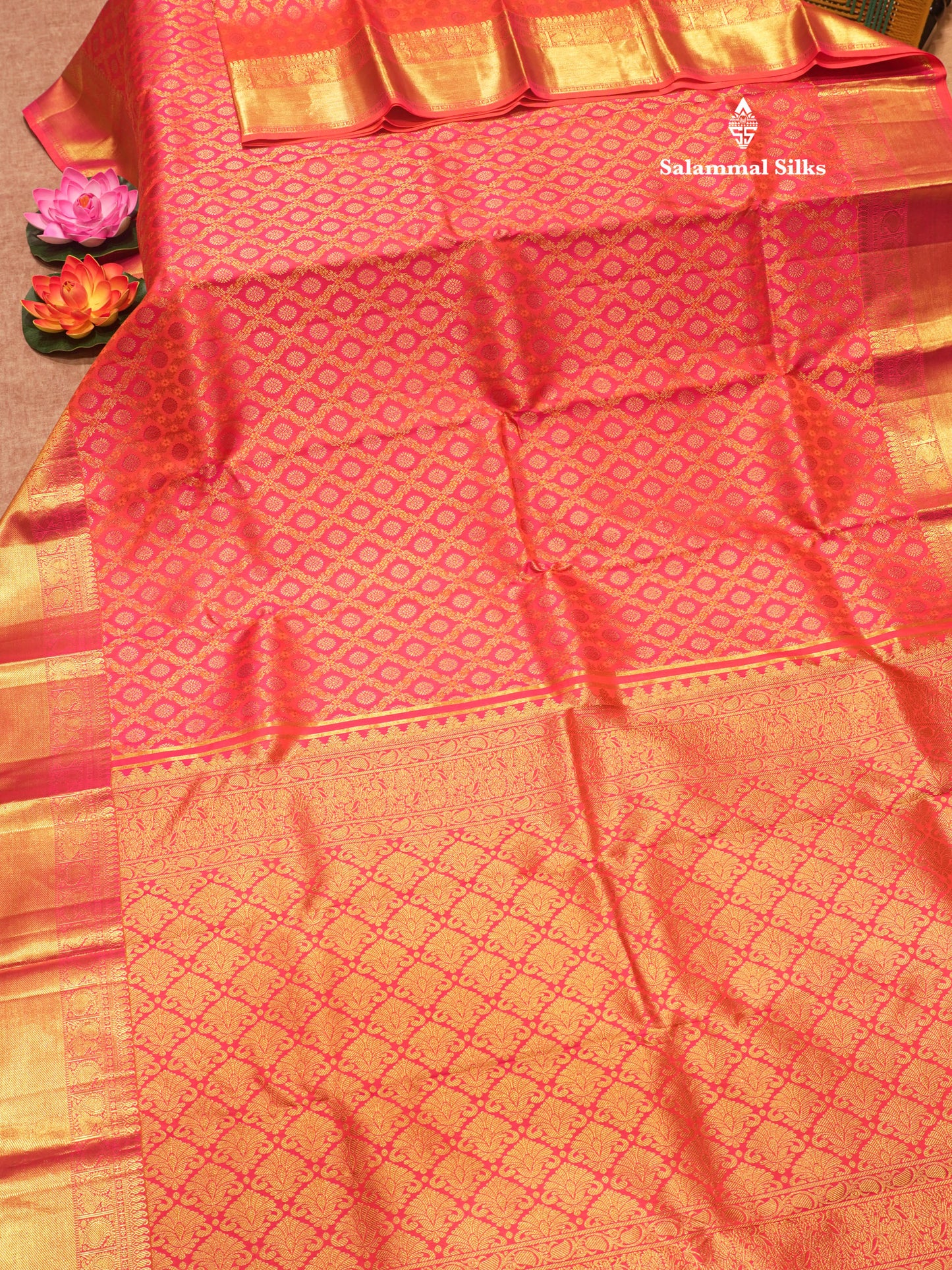 Pinkish Orange Colour Pure Kanjivaram Silk Saree With Traditional Gold Zari Border