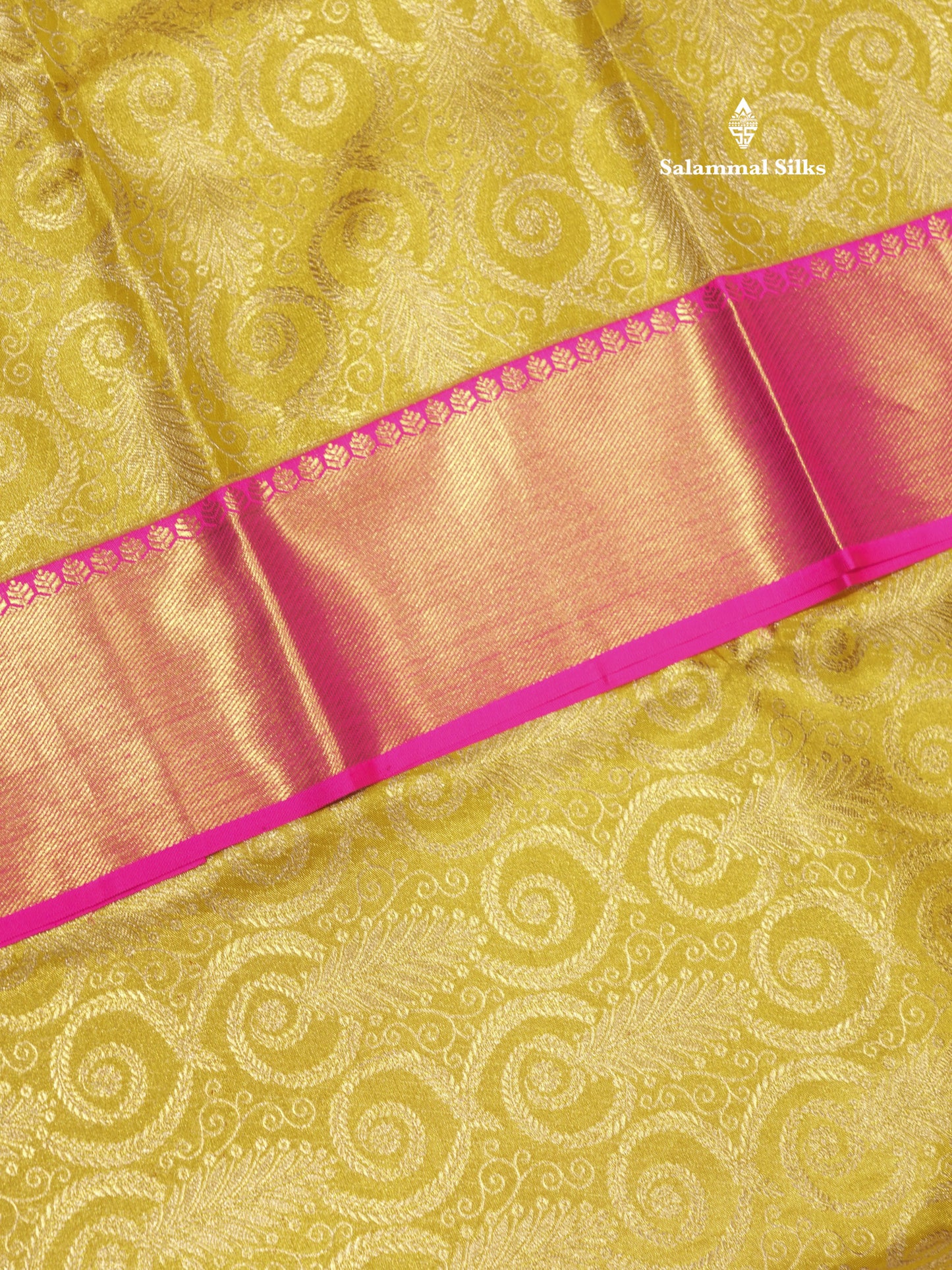 Gold Colour Pure Kanjivaram Tissue Silk Saree With Contrast Pink Border
