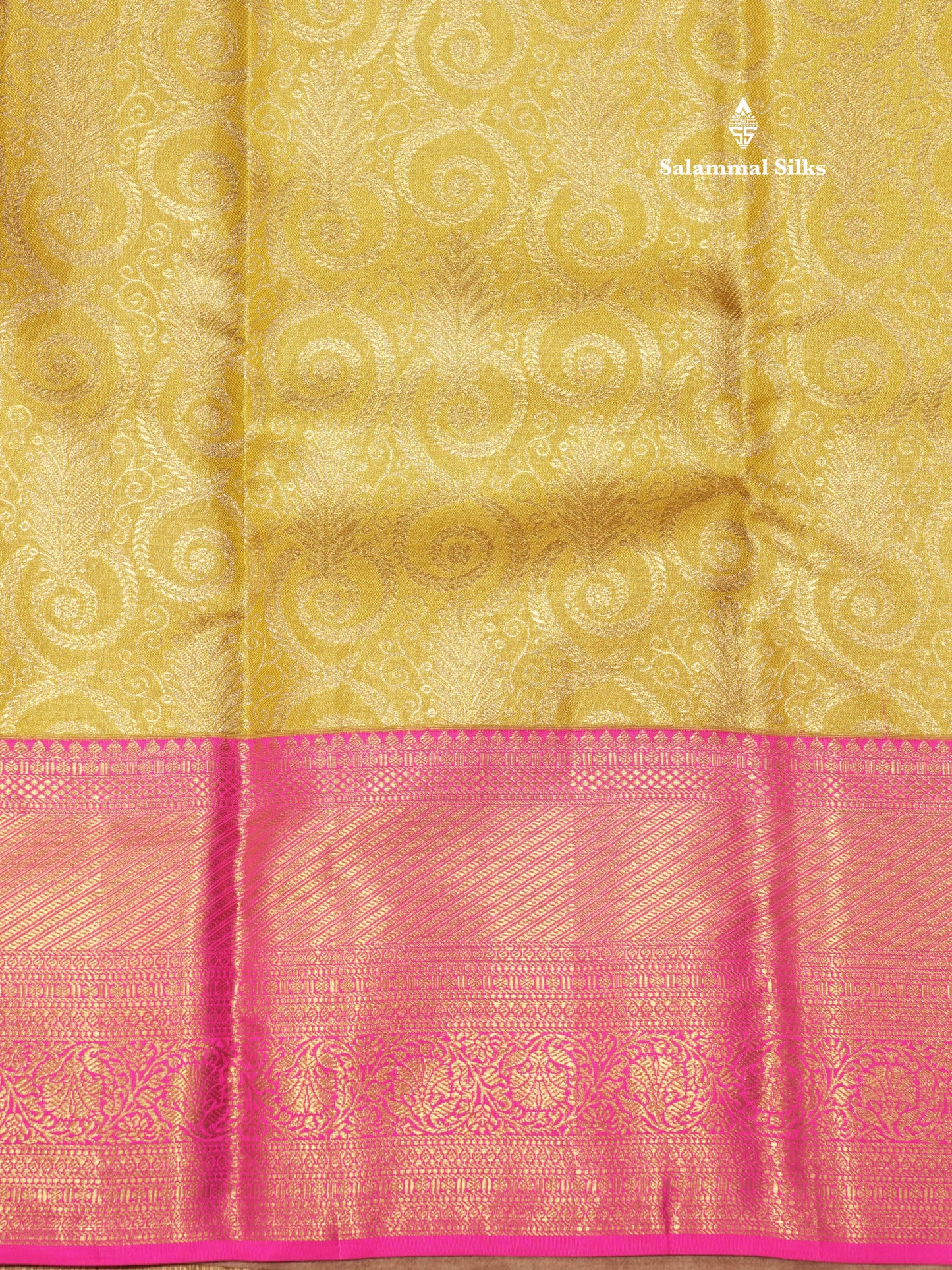 Gold Colour Pure Kanjivaram Tissue Silk Saree With Contrast Pink Border