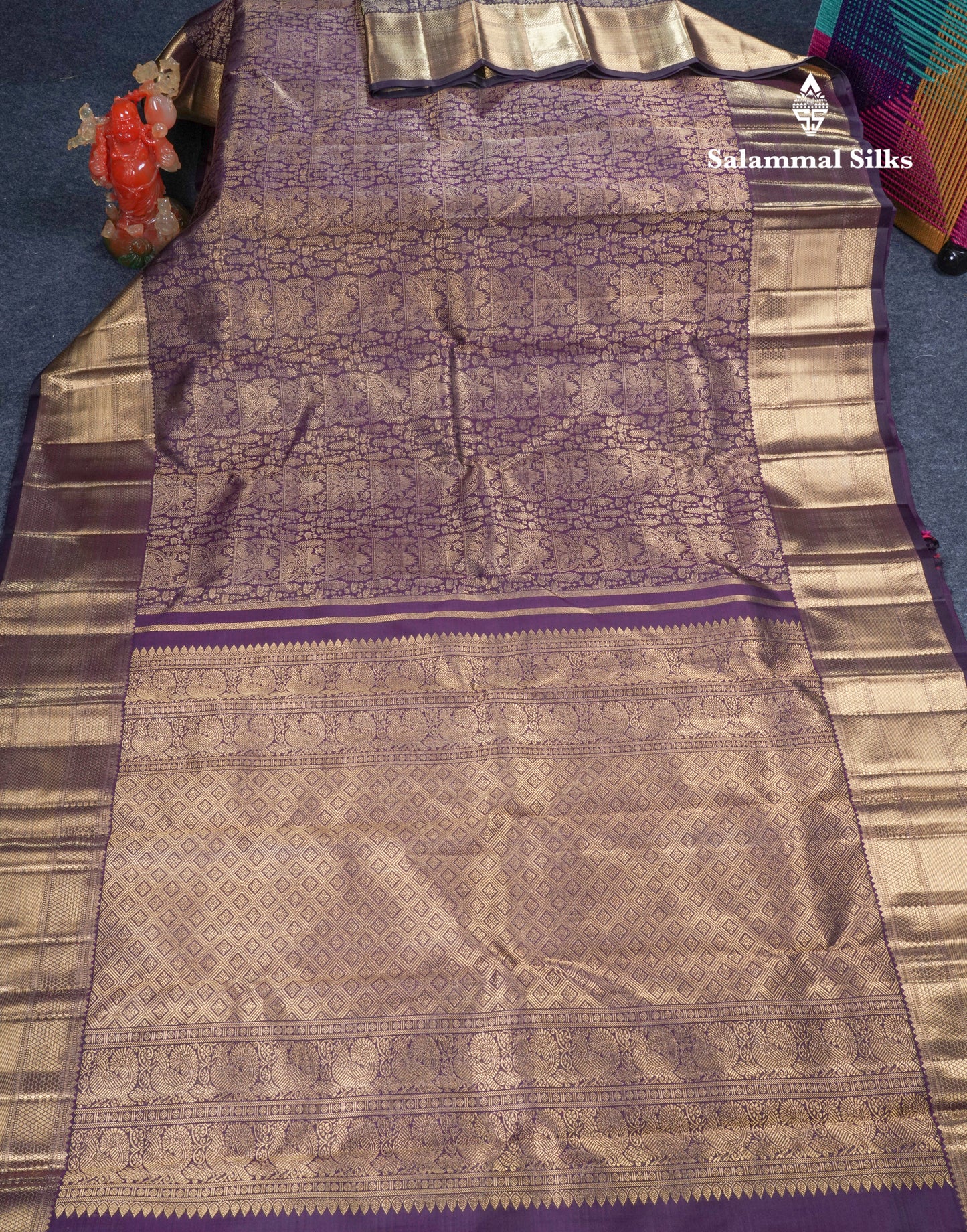 Dark Purple Pure Kanjivaram Silk Saree Pure Zari with Traditional Long Border
