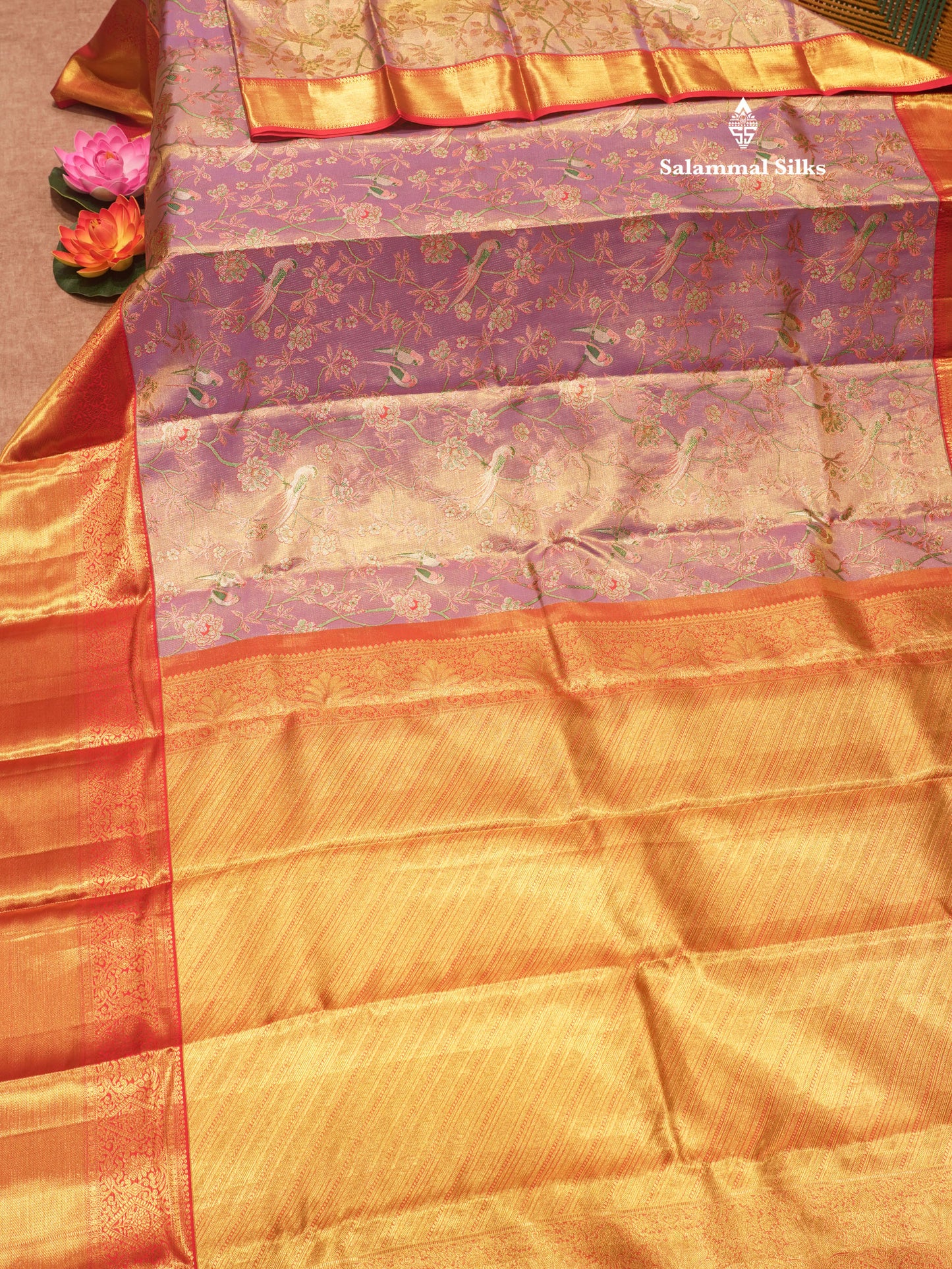 Meenakari work Light Lavender Colour Pure Kanjivaram Tissue Silk Saree With Contrast Red Border