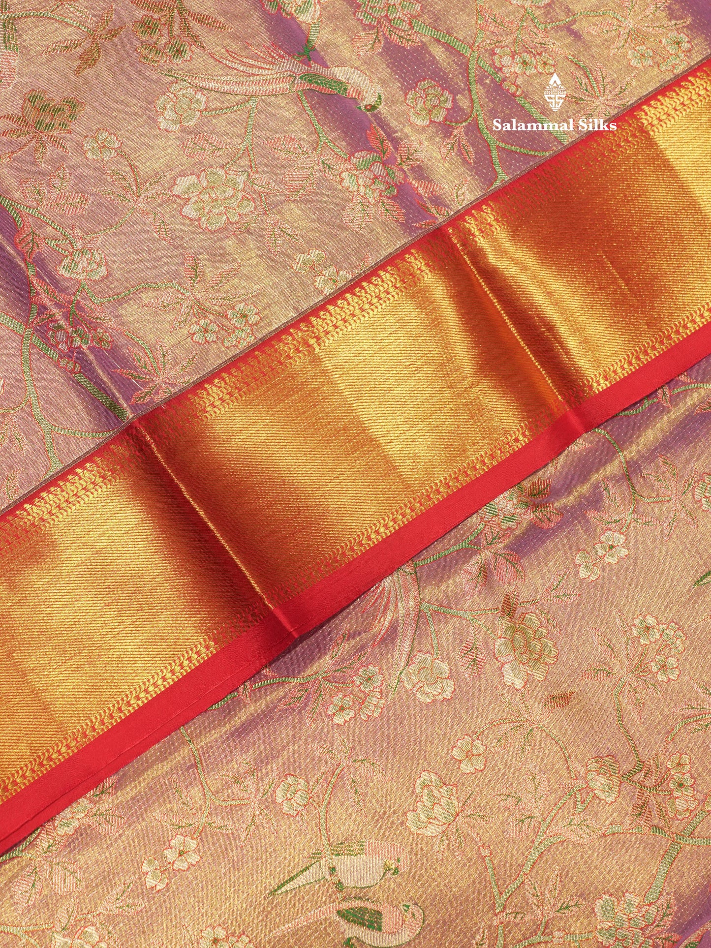 Meenakari work Light Lavender Colour Pure Kanjivaram Tissue Silk Saree With Contrast Red Border