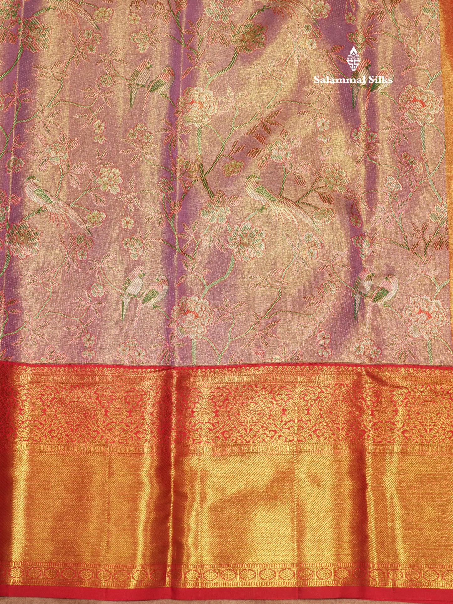 Meenakari work Light Lavender Colour Pure Kanjivaram Tissue Silk Saree With Contrast Red Border