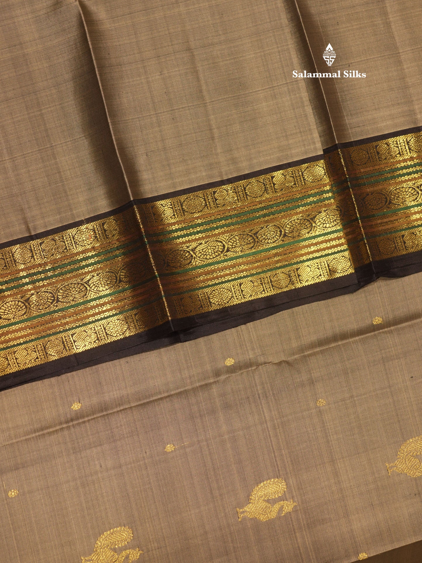 Grey Colour Traditional Pure Kanjivaram Silk Saree With Contrast Black Border