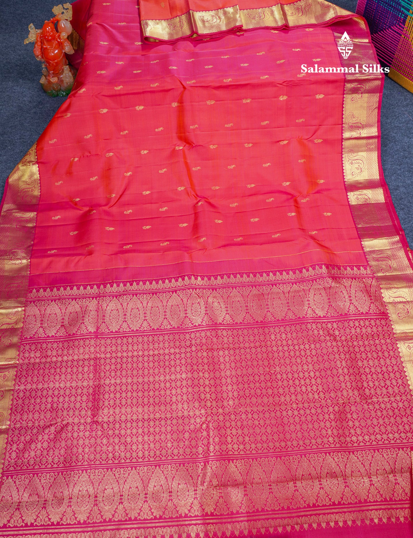 Dual Tone Pinkish Orange Pure Kanjivaram Silk Saree With Contrast Rani Pink Traditional Border