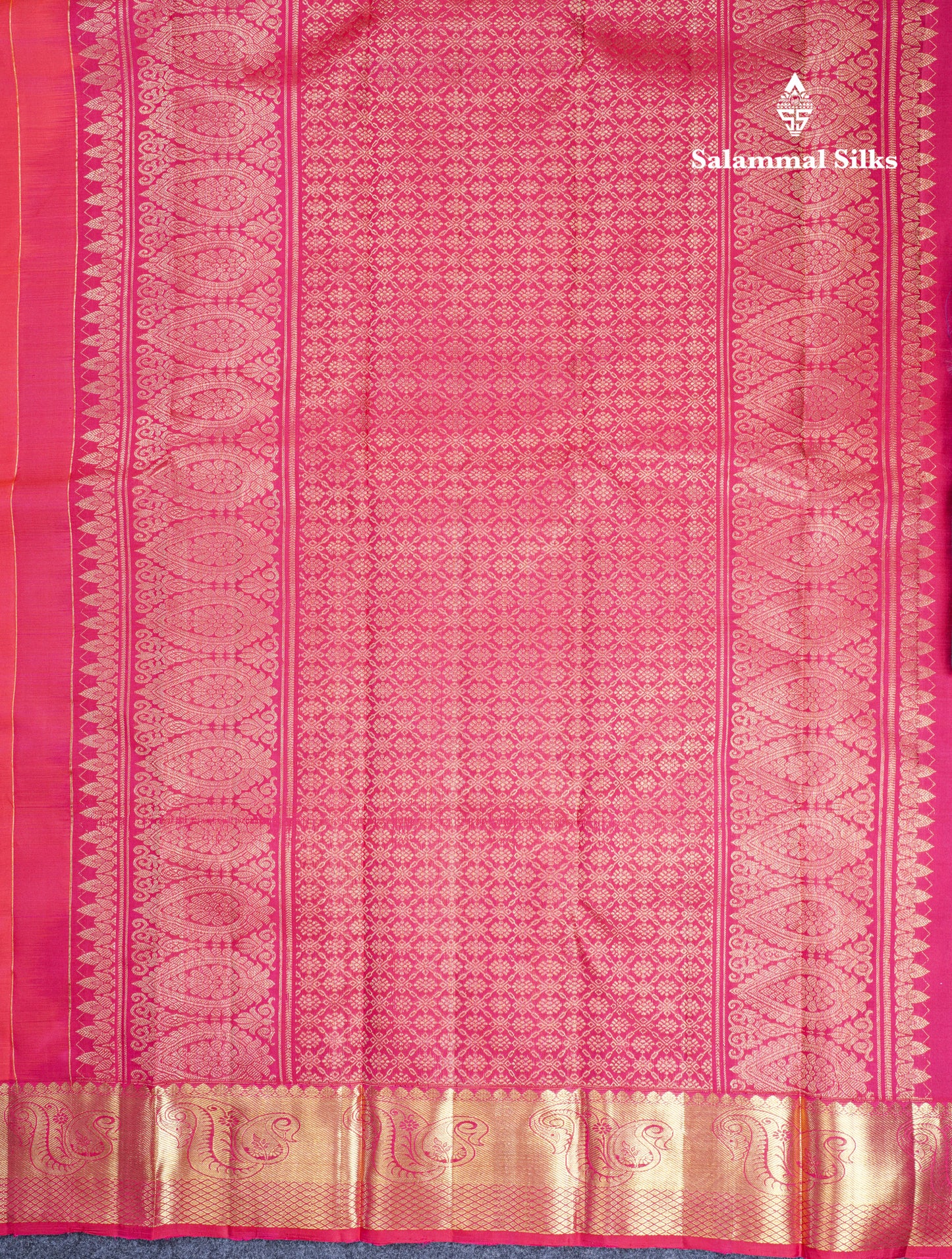 Dual Tone Pinkish Orange Pure Kanjivaram Silk Saree With Contrast Rani Pink Traditional Border