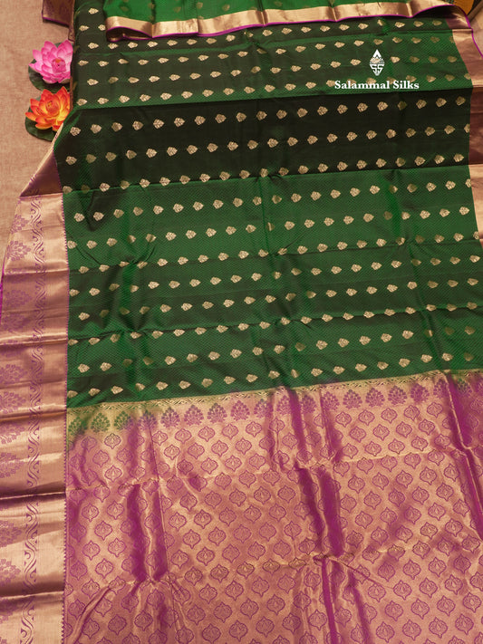 Bottle Green Colour Pure Kanjivaram Silk Saree With Contrast Magenta Border
