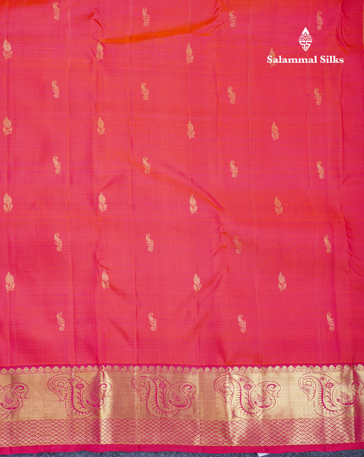 Dual Tone Pinkish Orange Pure Kanjivaram Silk Saree With Contrast Rani Pink Traditional Border