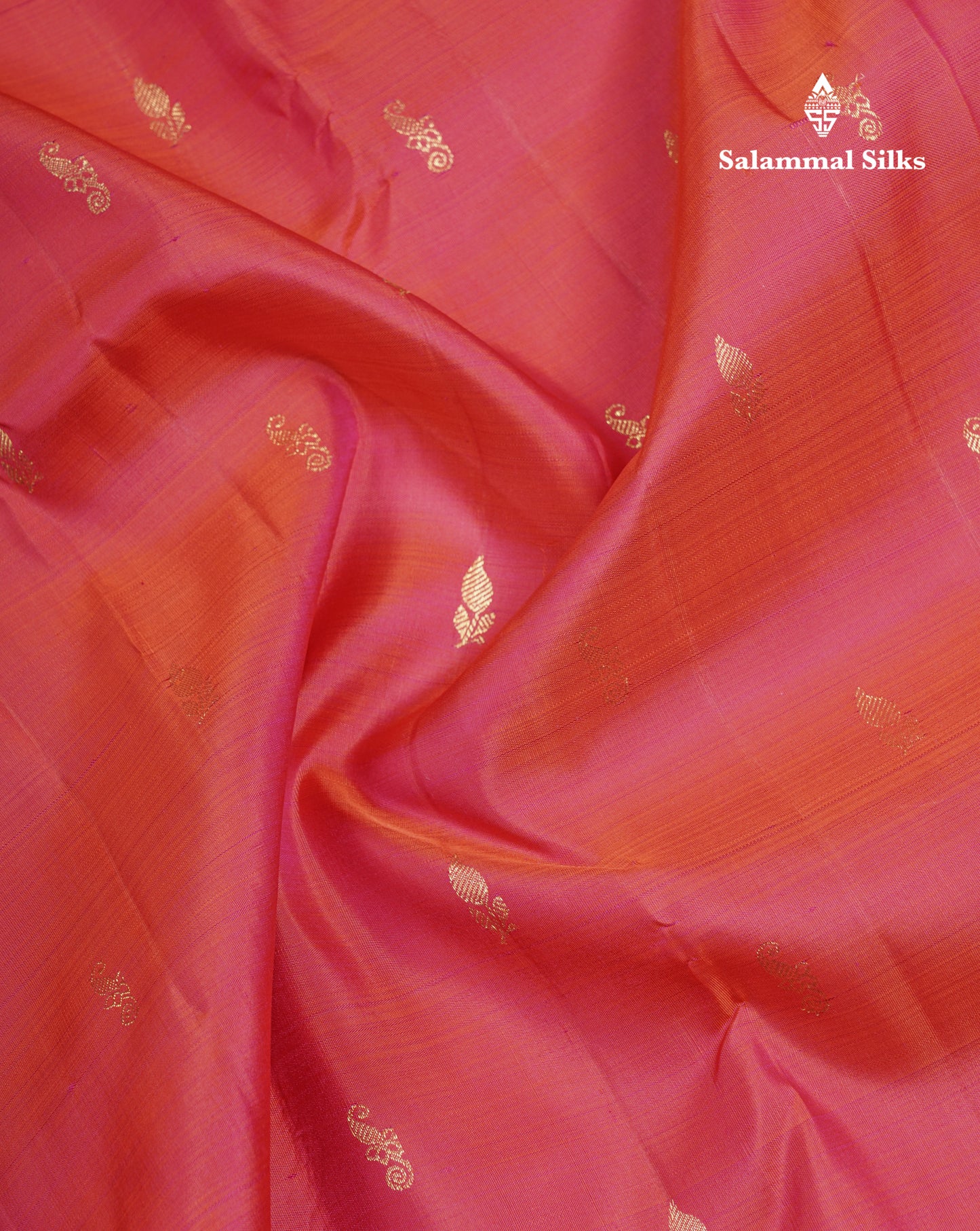 Dual Tone Pinkish Orange Pure Kanjivaram Silk Saree With Contrast Rani Pink Traditional Border