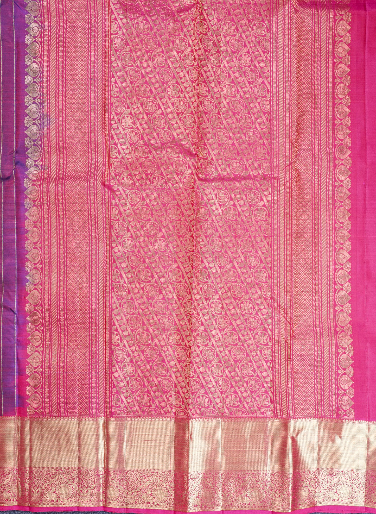 Dual Tone Purple Pure Kanjivaram Silk Saree With Contrast Pink Traditional Border