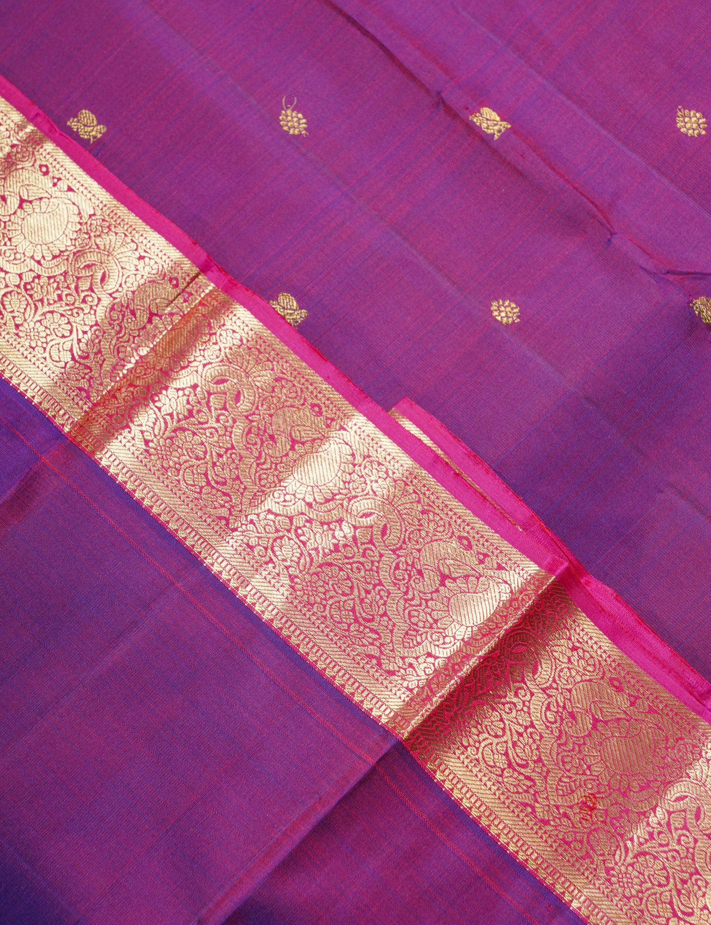 Dual Tone Purple Pure Kanjivaram Silk Saree With Contrast Pink Traditional Border