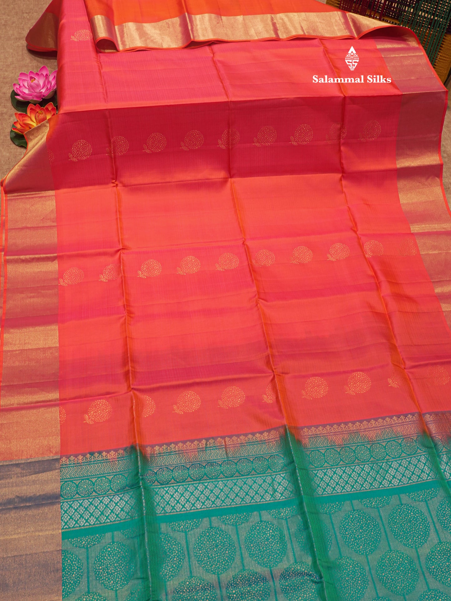 Pinkish Orange Colour Pure Kanjivaram Soft Silk Saree With Copper Zari Border