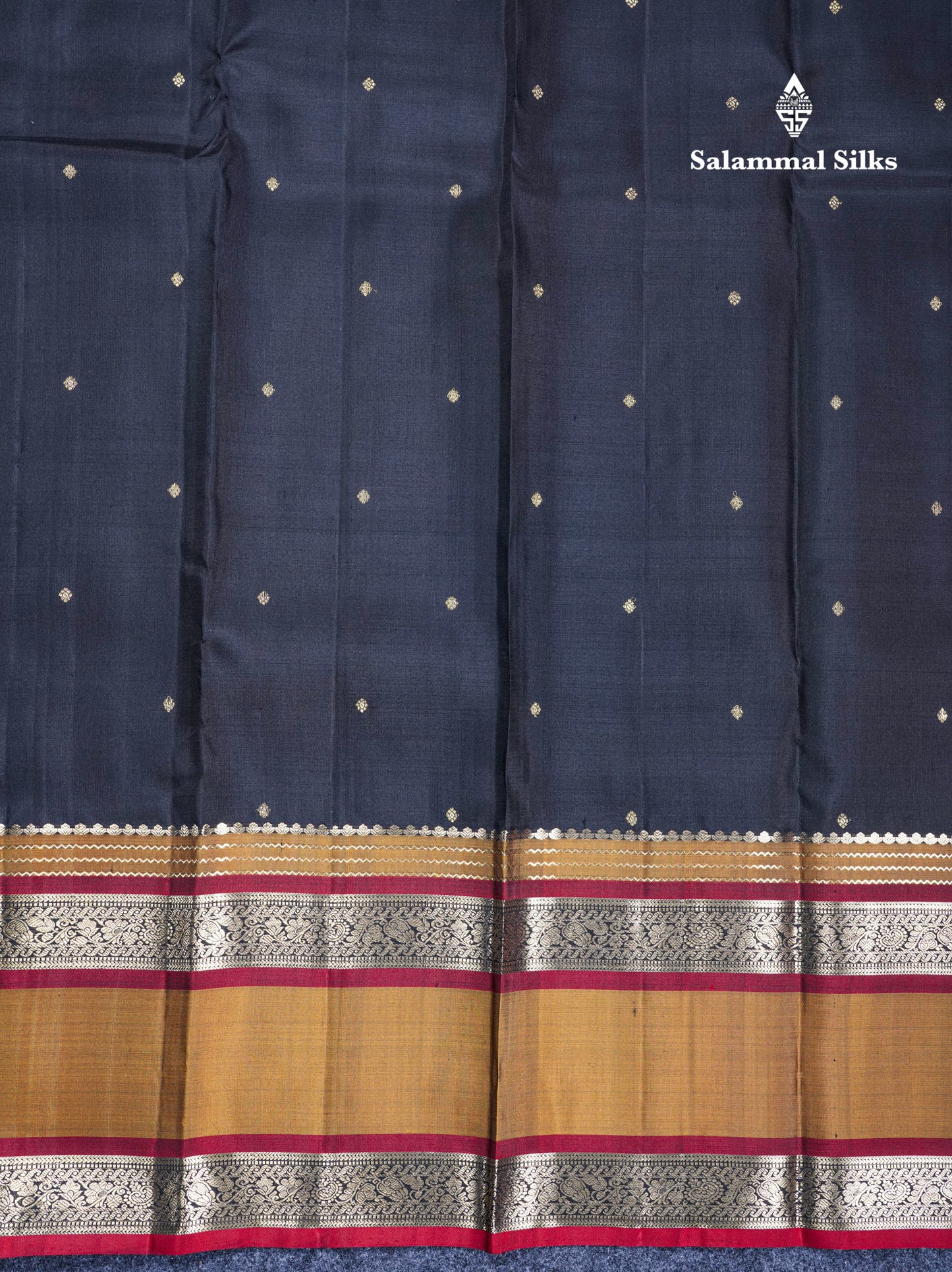 Black Pure Kanjivaram Silk Saree With Contrast Olive Mustard Yellow Rettapet Border