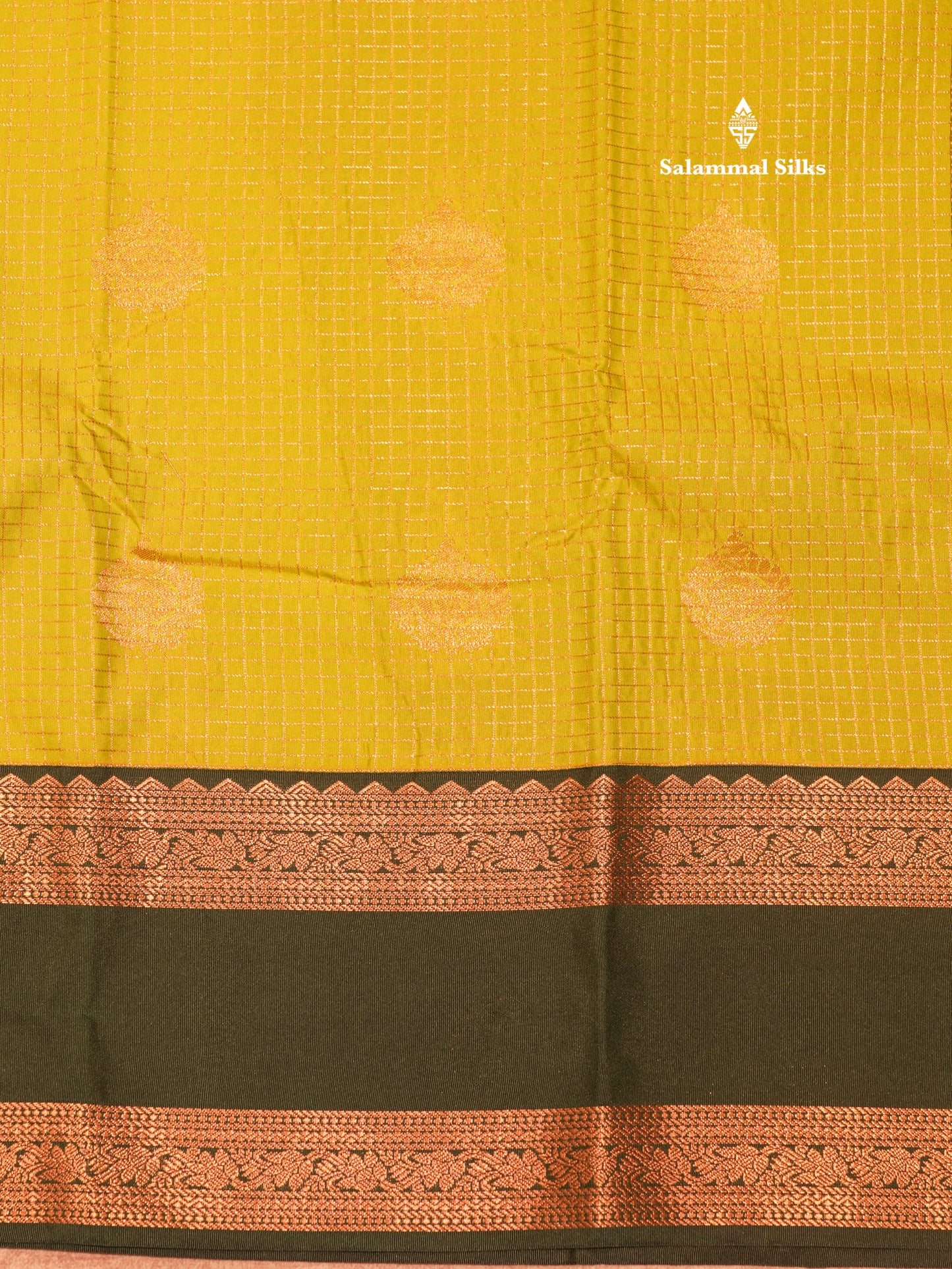 Manthulir Yellow Colour Small Checks Semi Silk Saree With Contrast Bottle Green Double Border