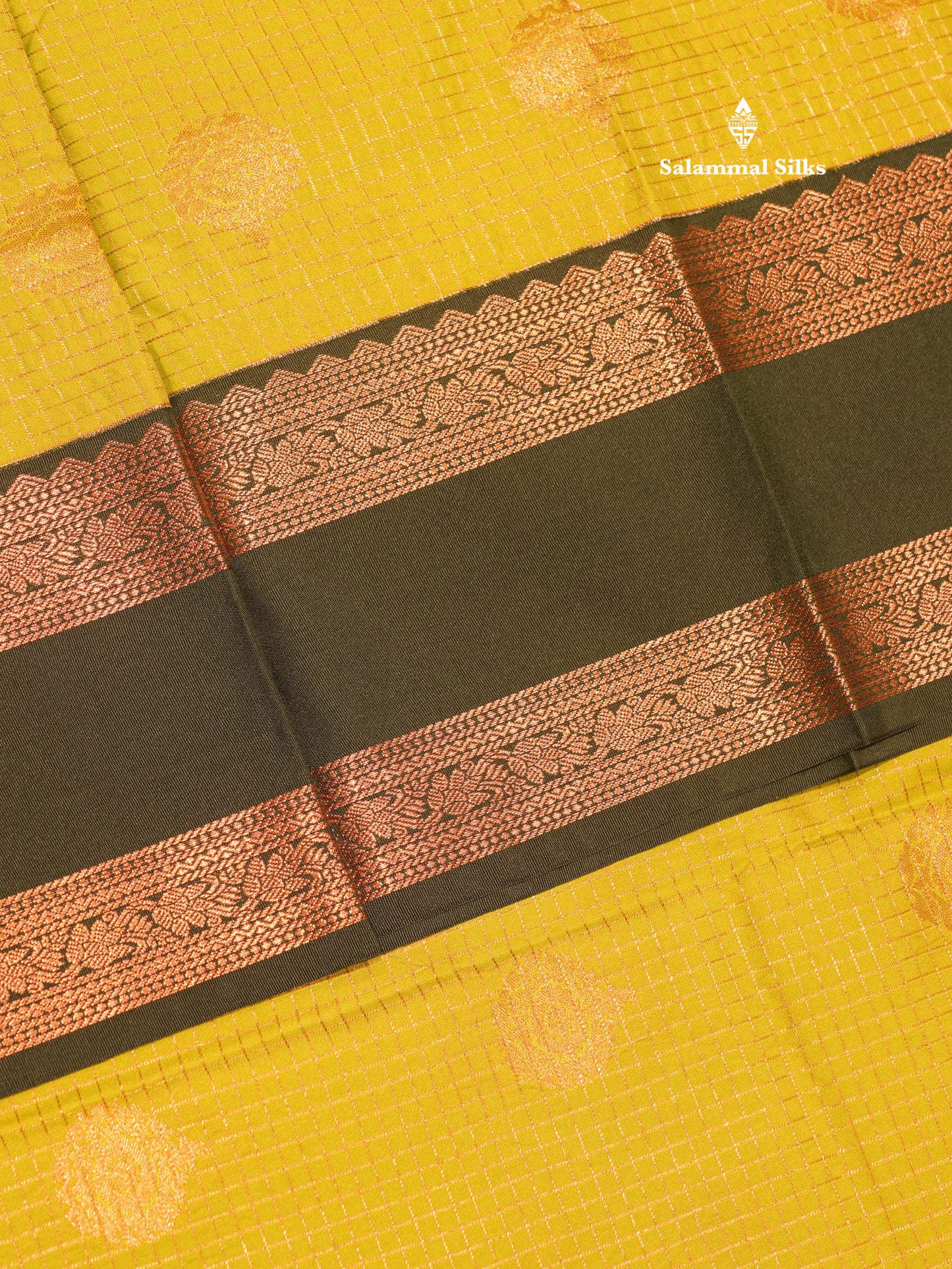 Manthulir Yellow Colour Small Checks Semi Silk Saree With Contrast Bottle Green Double Border