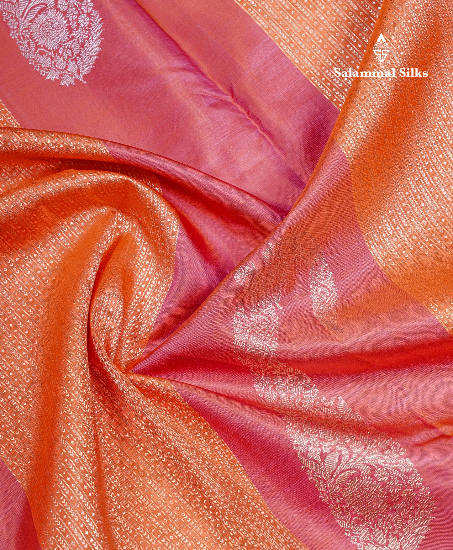 Pinkish Orange Fancy Pure Kanjivaram Silk Saree With Orange Blouse