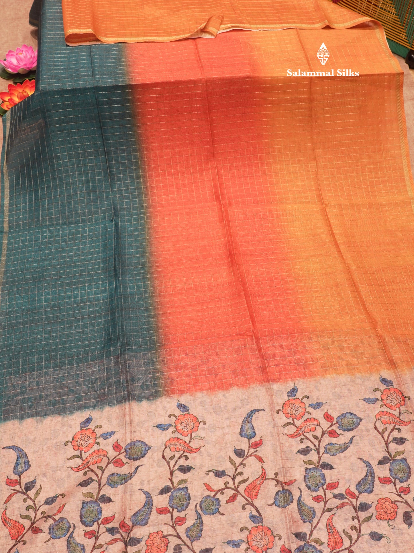 Fancy Cotton Mix Saree MultiColour Body Checks With Floral Kalamkari Blouse