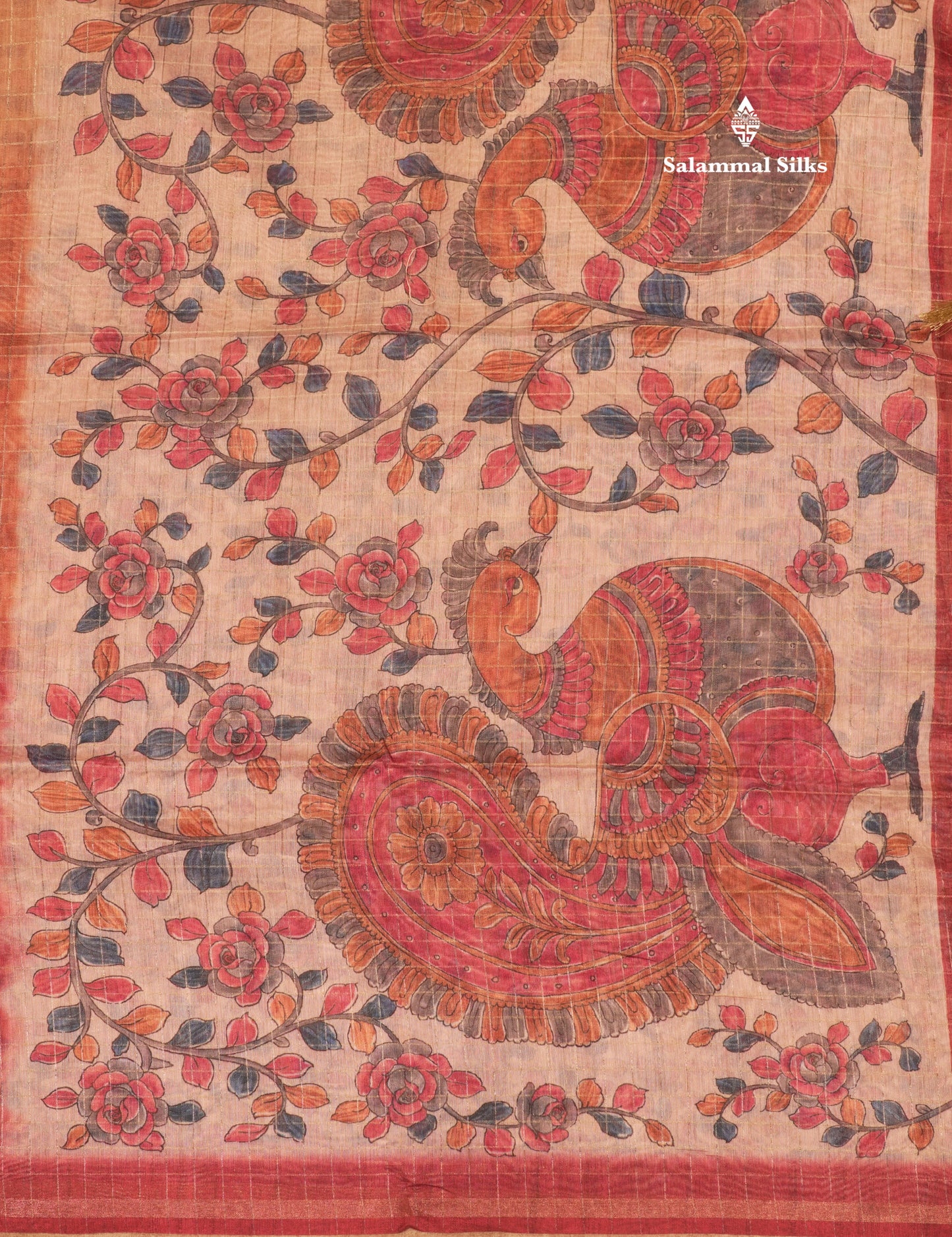 Fancy Cotton Mix Saree MultiColour Body Checks With Floral Kalamkari Blouse