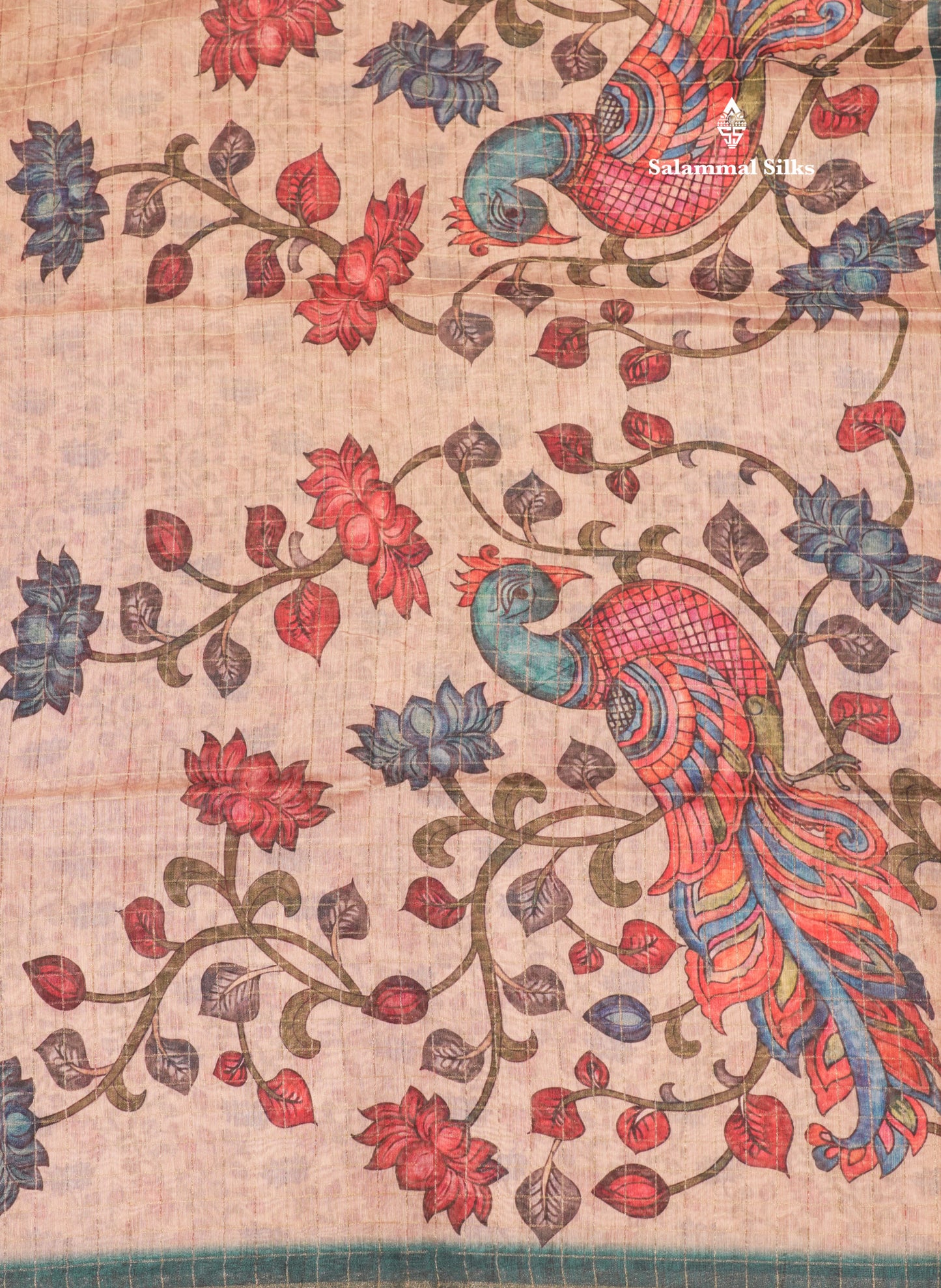 Fancy Cotton Mix Saree MultiColour Body Checks With Floral Kalamkari Blouse