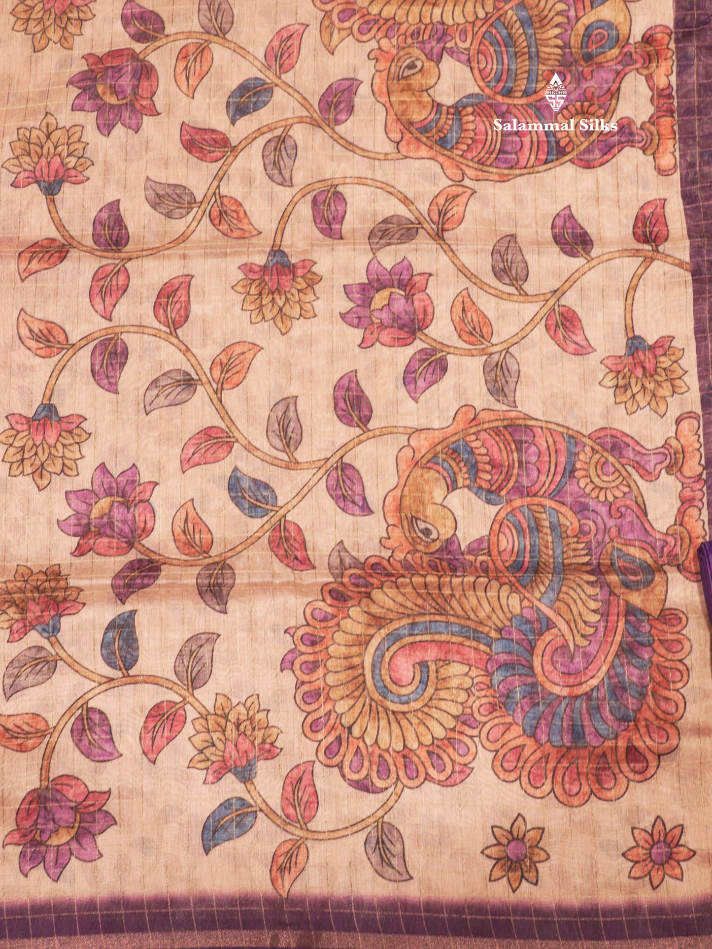 Fancy Cotton Mix Saree MultiColour Body Checks With Floral Kalamkari Blouse