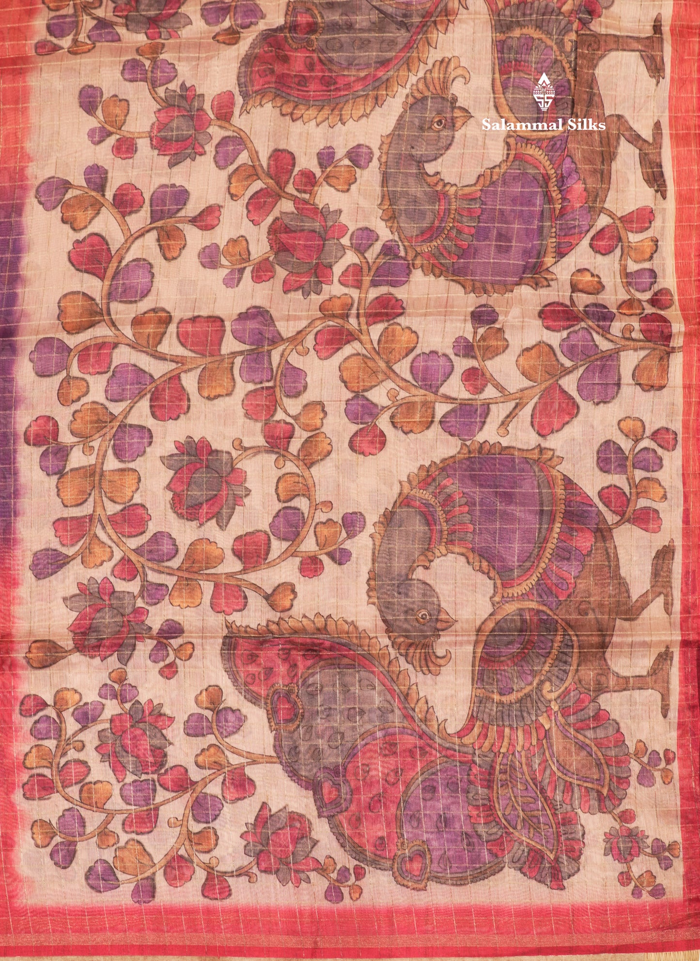 Fancy Cotton Mix Saree MultiColour Body Checks With Floral Kalamkari Blouse