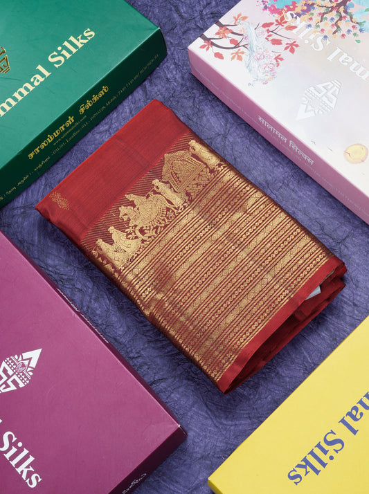 Maroon Pure Kanjivaram Silk Saree With Traditional Long Pallaku Evening Morning Border