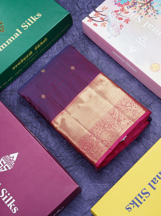 Dual Tone Purple Pure Kanjivaram Silk Saree With Contrast Pink Traditional Border