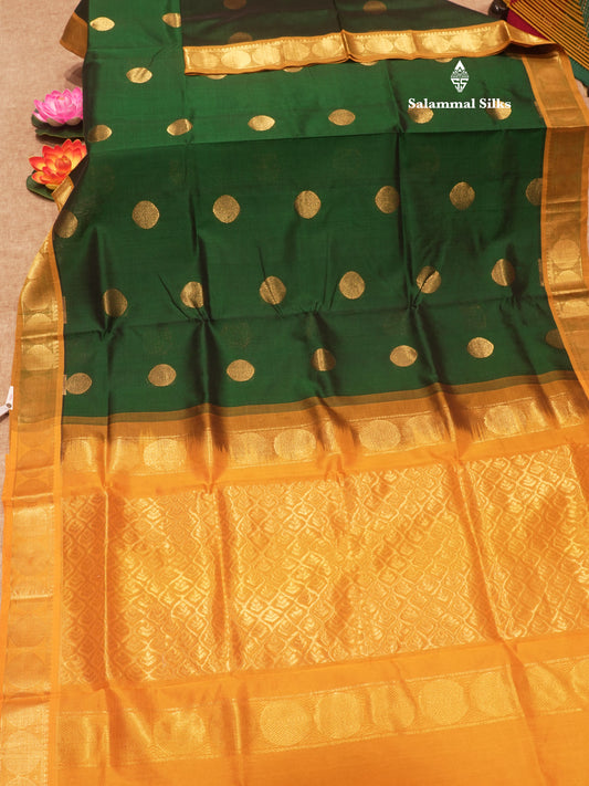 Bottle Green Colour Pure Silk Cotton Saree With Contrast Mustard Yellow Border