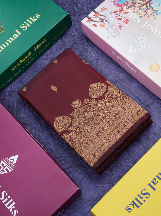 Dark Maroon Pure Kanjivaram Silk Saree With Fancy Turning Border