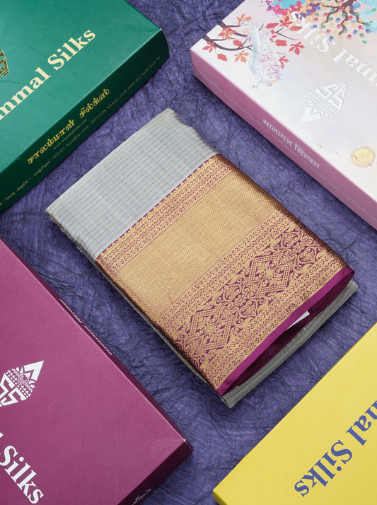 Elephant Grey Small Checks Pure Kanjivaram Silk Saree With Contrast Magenta Border