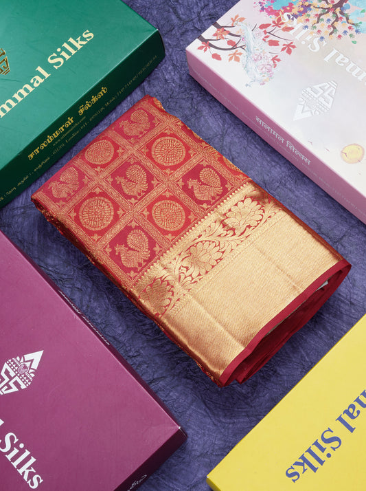 Reddish Maroon Zari checks With Traditional Buttas Bridal Pure Kanjivaram Silk Saree