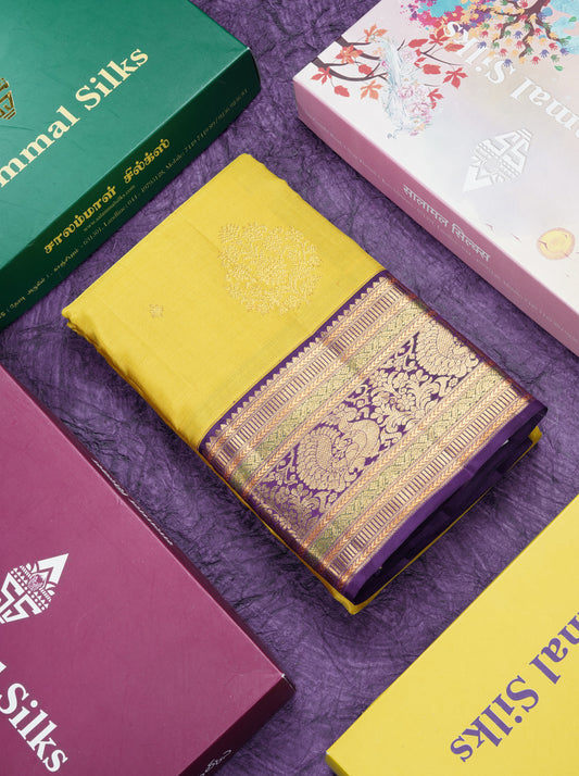Korvai Mustard Yellow Pure Kanjivaram Silk Saree With Contrast Violet Traditional Border