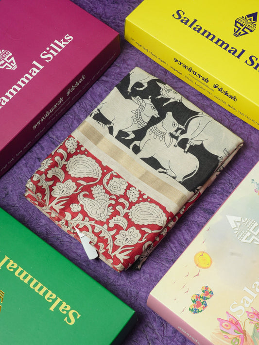 Black Chanderi Mixed Cotton Saree With Contrast Red Border