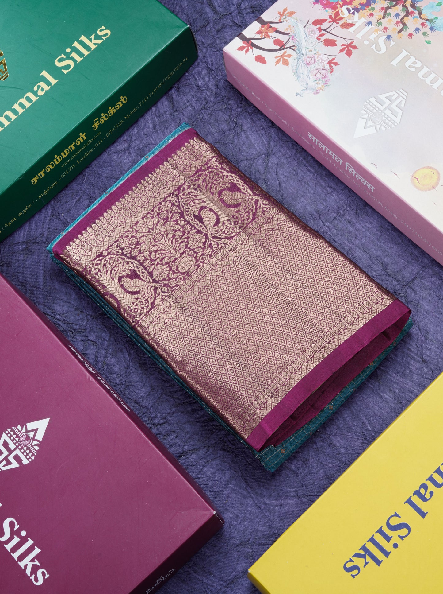 Ramar Blue Small Checks Pure Mix Silk Saree With Contrast Magenta Long Border