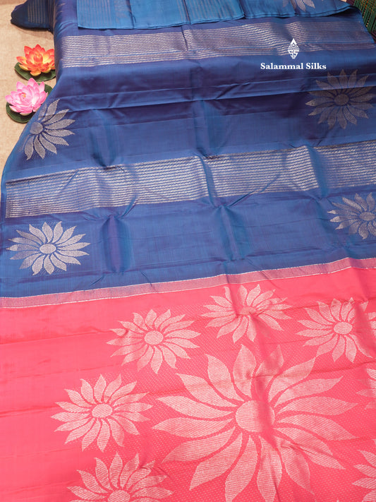Blue Colour Pure Kanjivaram Silk Saree With Pink Blouse