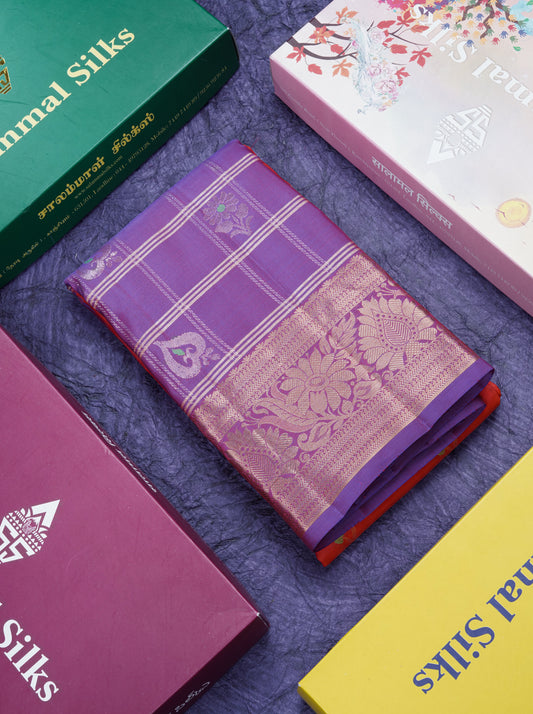 Chilly Red Mennakari Work Pure Silk Mix Saree With Contrast Long Purple Border