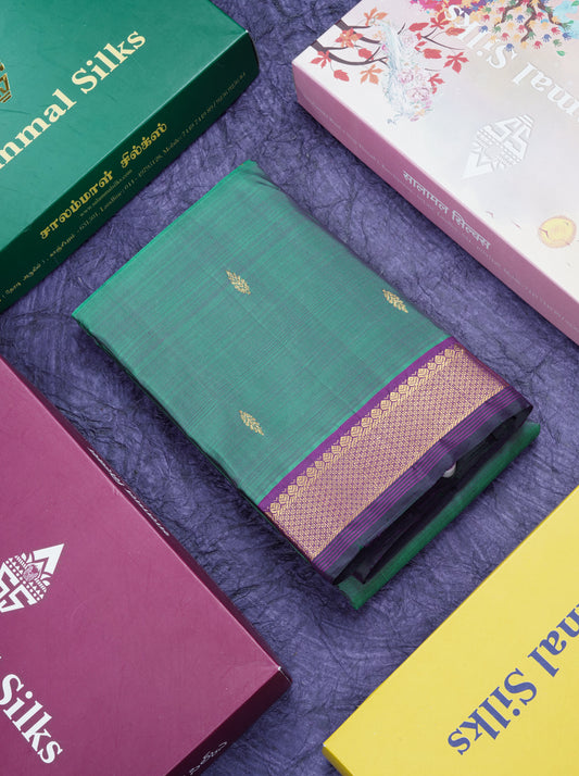 Dual Tone Green Beautiful Small Buttas Pure Kanjivaram Silk Saree With Violet Border