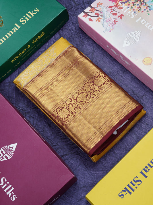 Golden Yellow Beautiful Bridal Pure Kanjivaram Silk Saree With Maroon Traditional Evening Morning Border